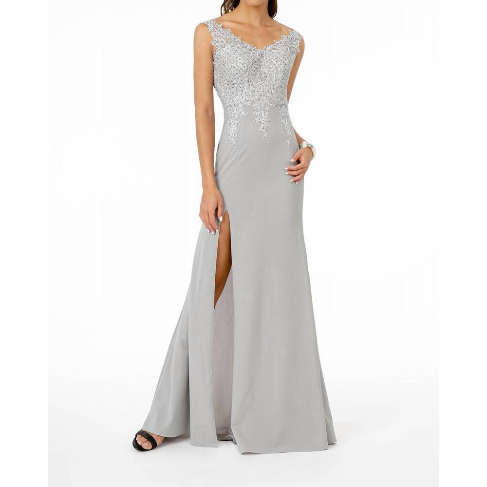 NEW GLS COLLECTIVE embroidered bodice v-neck jersey long dress in silver